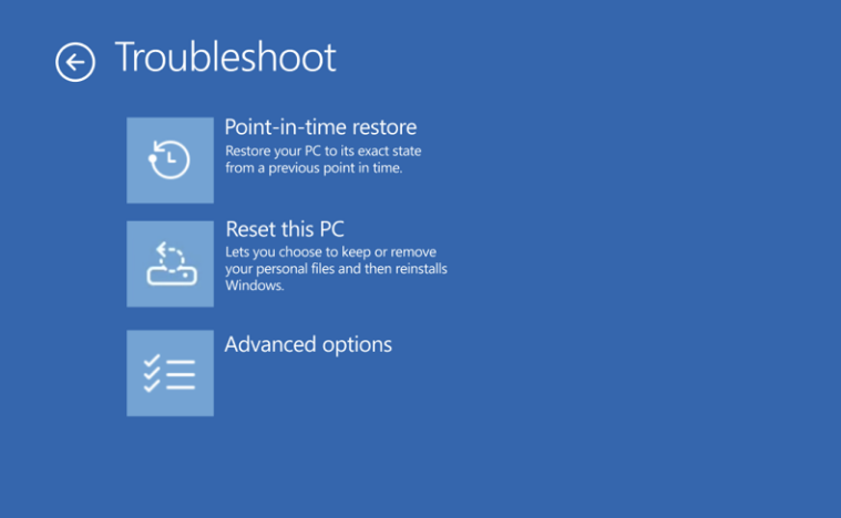Screenshot of the blue screen of the Windows Recovery Environment, listing the point-in-time-restore option, among others.