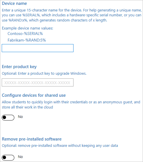 In Windows Configuration Designer, enable device setup, enter the device name, the product key to upgrade, turn off shared use, and remove preinstalled software.
