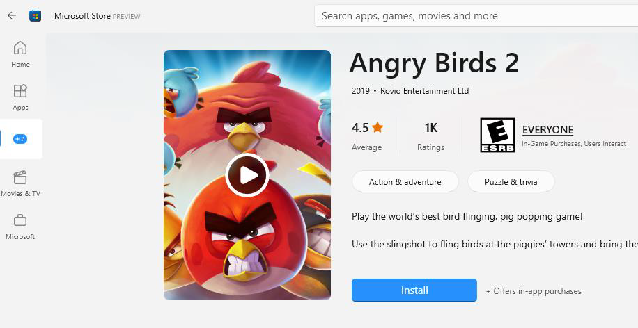 Screenshot of the Microsoft Store with the game, Angry Birds 2, selected.