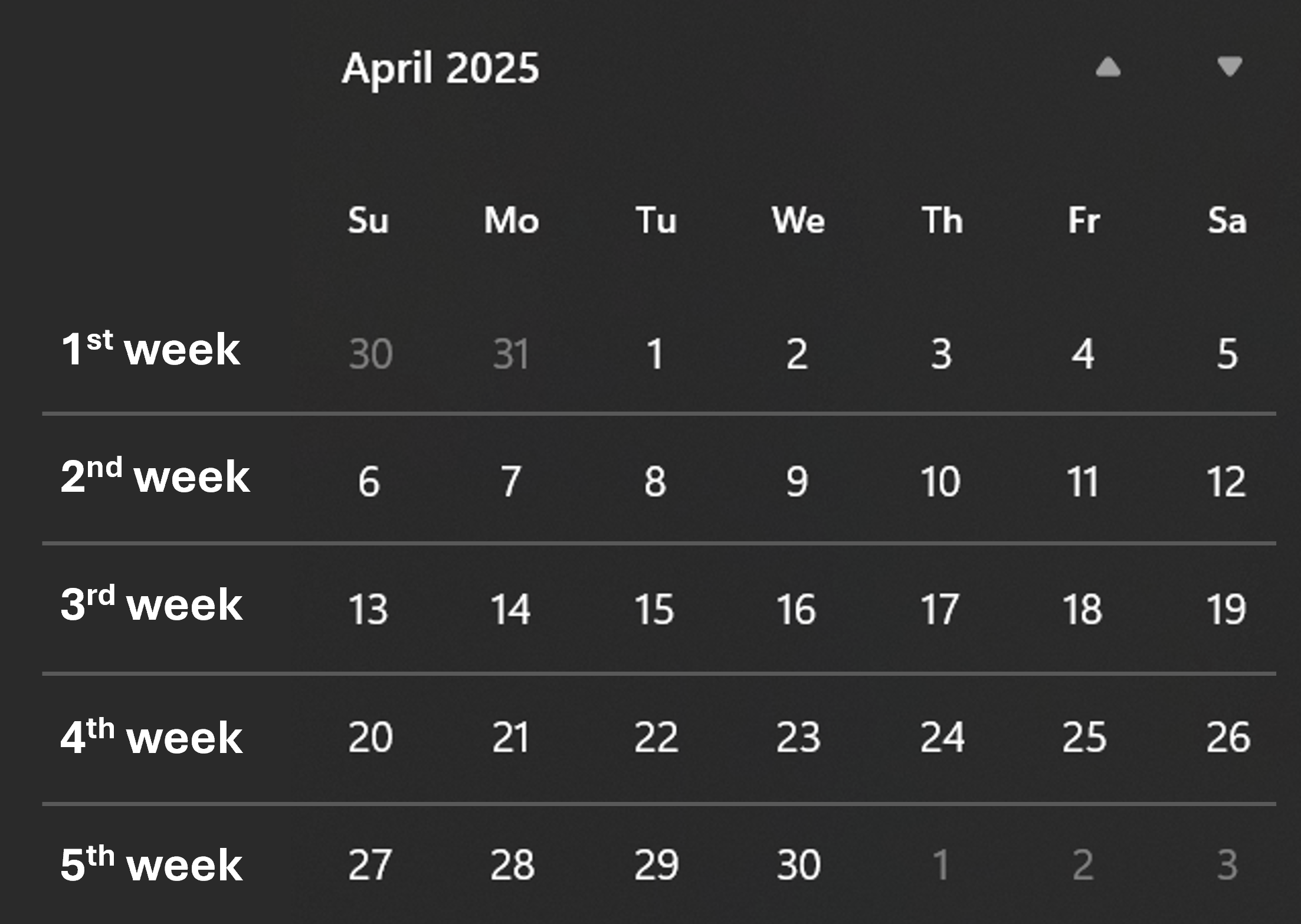 Screenshot of a calendar showing how weeks are counted.