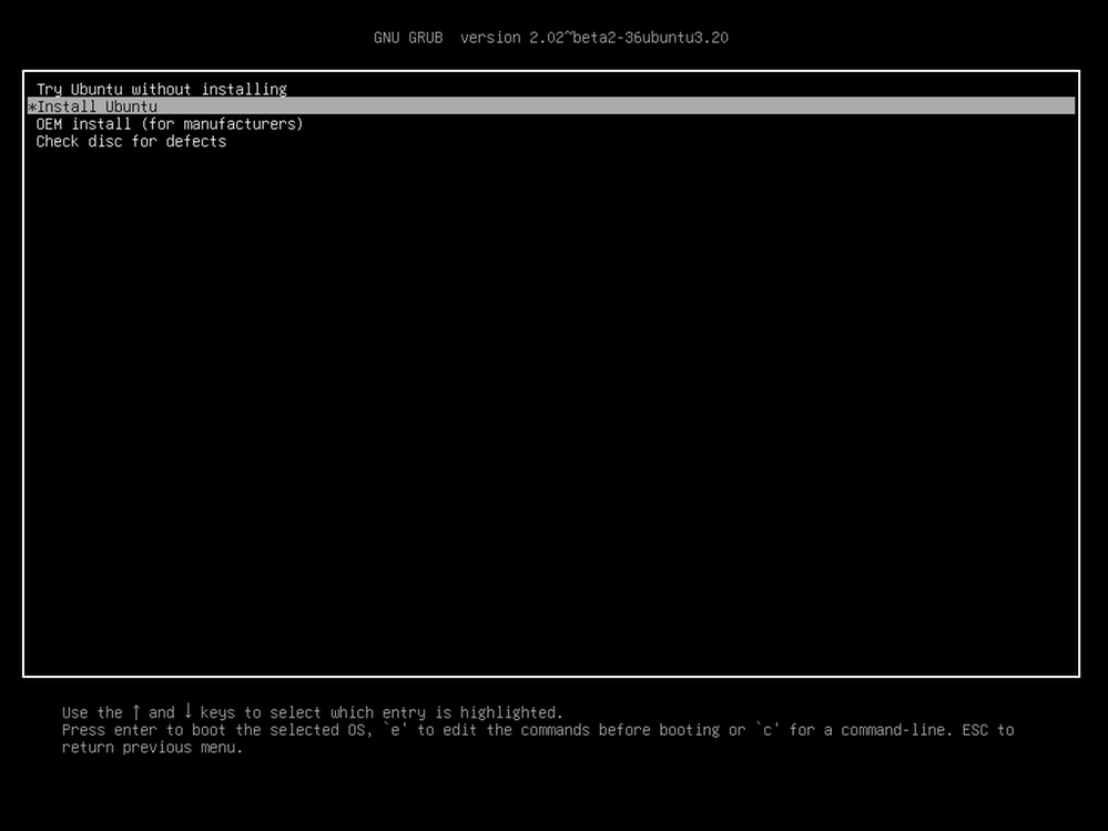 Screenshot of the GNU GRUB screen, with Install Ubuntu selected.