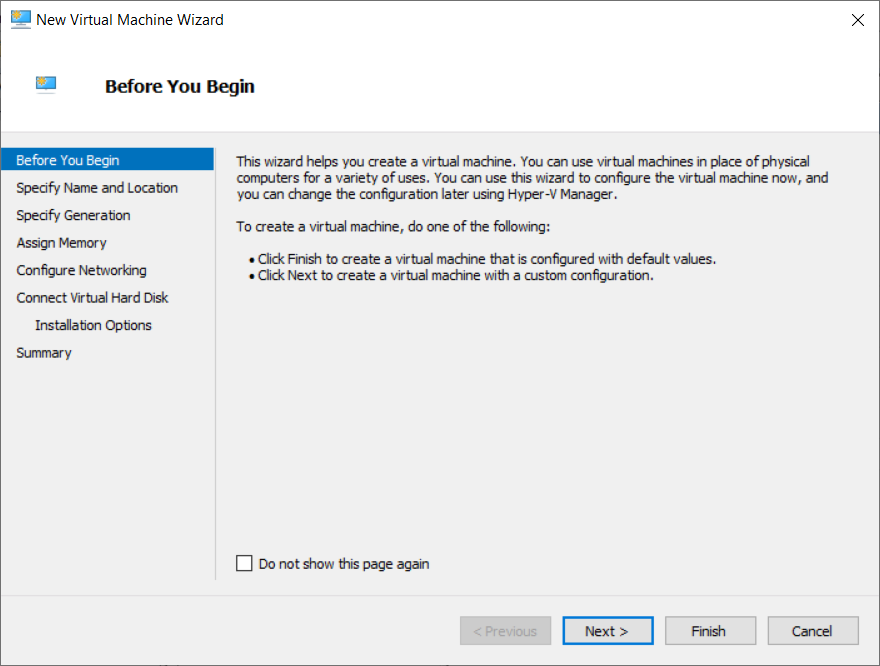 Screenshot of the Before You Begin page of the Hyper-V New Virtual Machine Wizard.