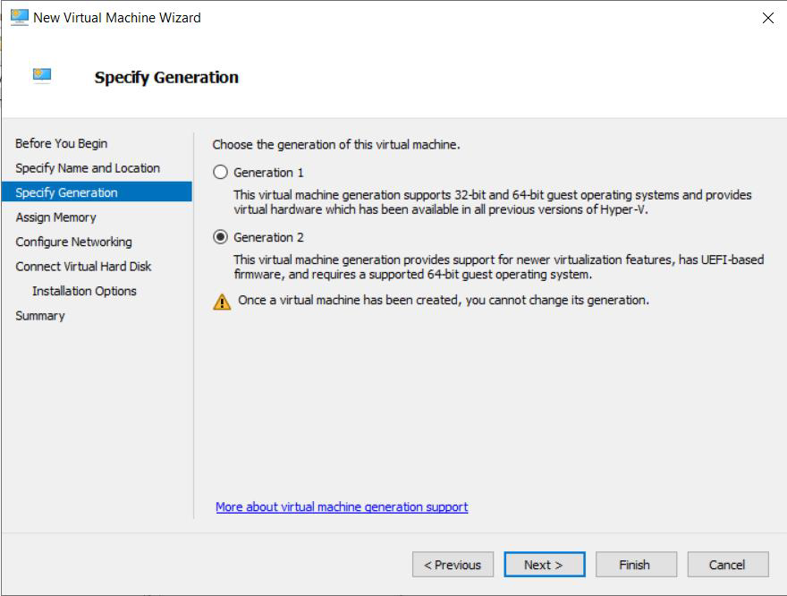 Screenshot of the Specify Generation page in the Hyper-V New Virtual Machine Wizard.