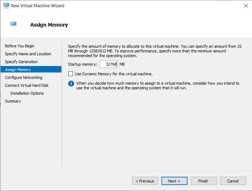 Screenshot of the Assign Memory page of the Hyper-V New Virtual Machine Wizard.
