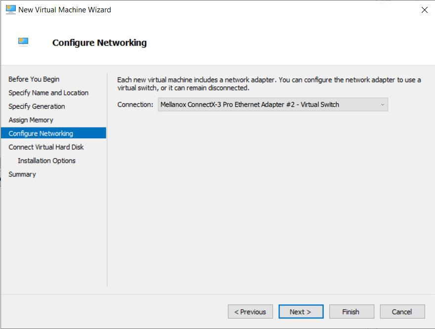 Screenshot of the Configure Networking page of the Hyper-V New Virtual Machine Wizard.