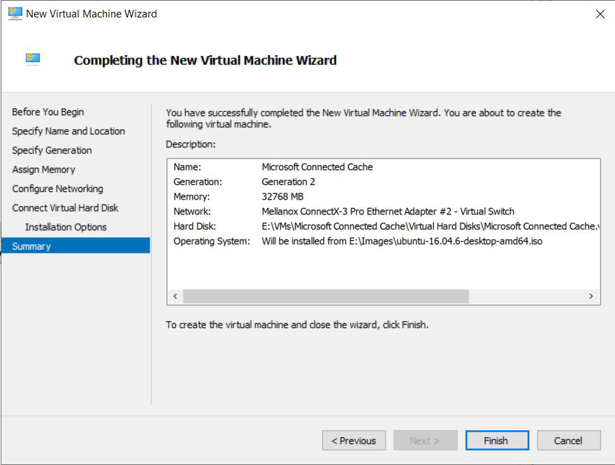 Screenshot of completing the New Virtual Machine Wizard on Hyper-V.
