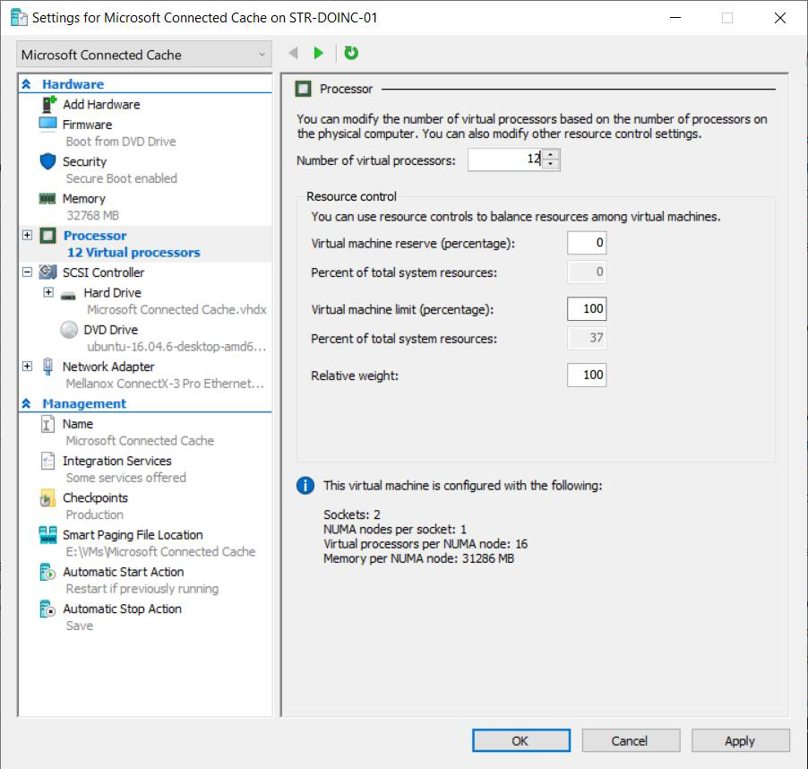 Screenshot of the processor page from VM settings in Hyper-V Manager.