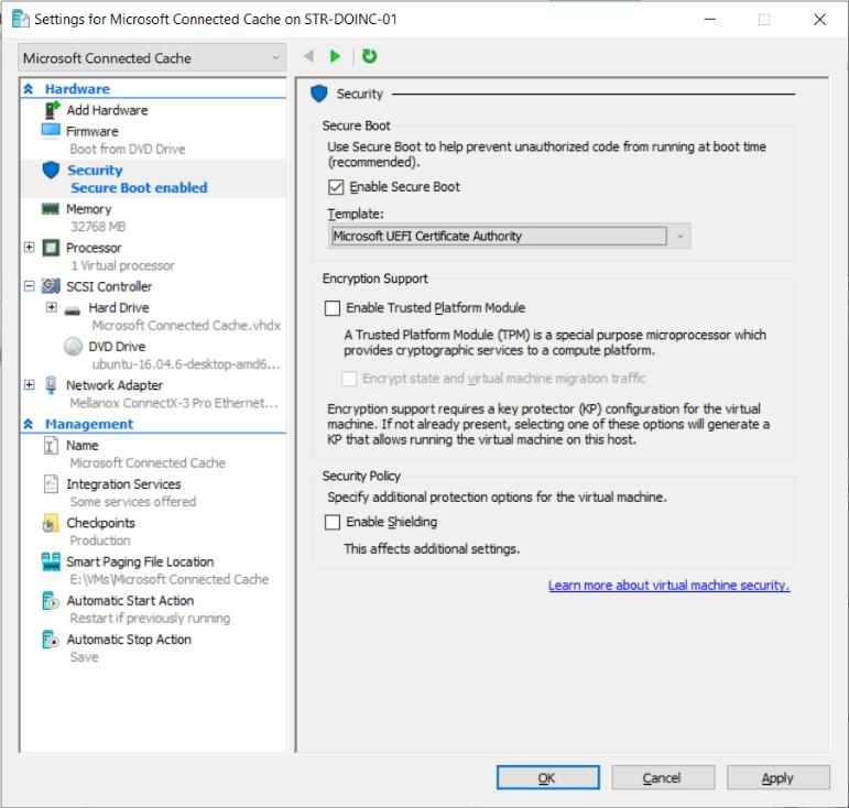 Screenshot of the security page from VM settings in Hyper-V Manager.