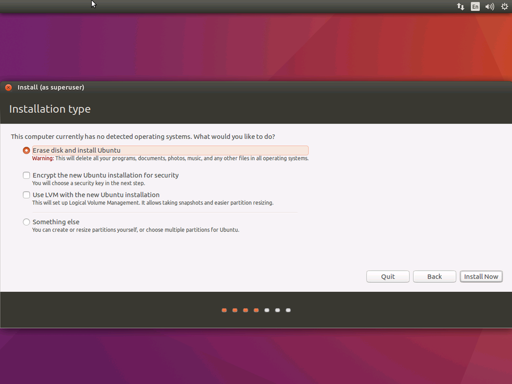 Screenshot of the Ubuntu install Installation type page with the Erase disk and install Ubuntu option selected.