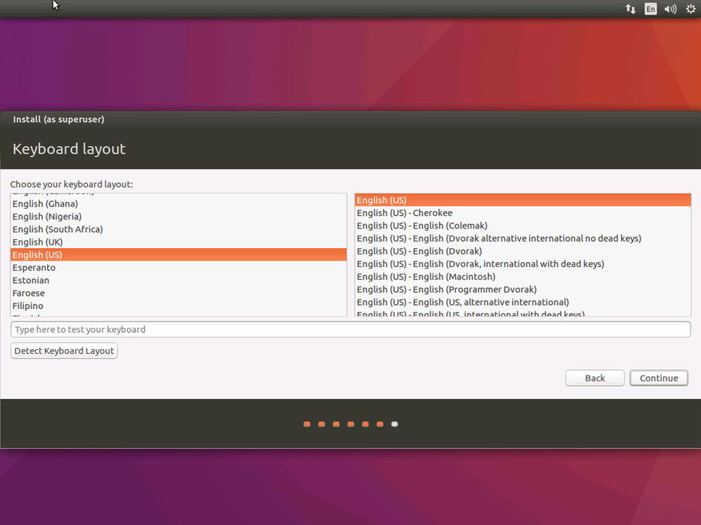 Screenshot of the Ubuntu install's Keyboard layout page.