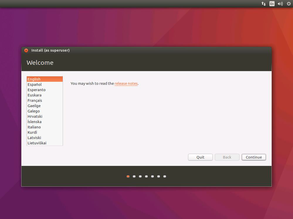 Screenshot of the Ubuntu install's language selection page.