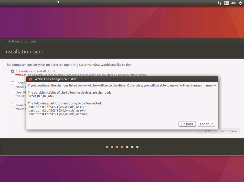 Screenshot of the Ubuntu install's 'Write the changes to disks' warning.
