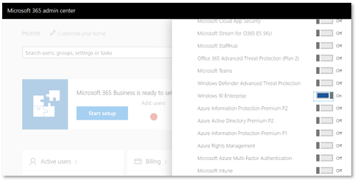 A screenshot of assigning a Windows 10 Enterprise license in the Microsoft 365 admin center.