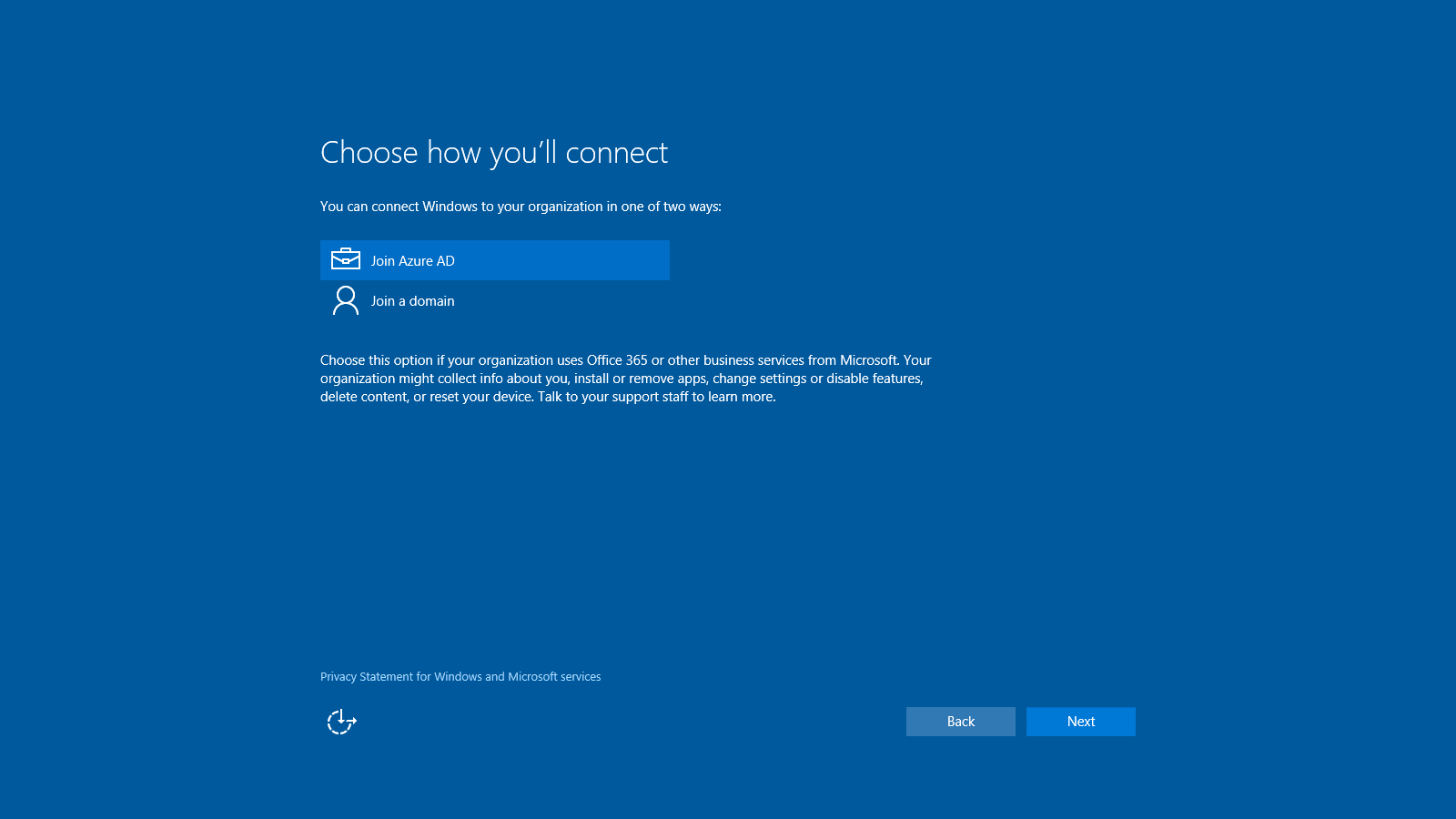 A screenshot of the 'Choose how you'll connect' page in Windows 10 setup.