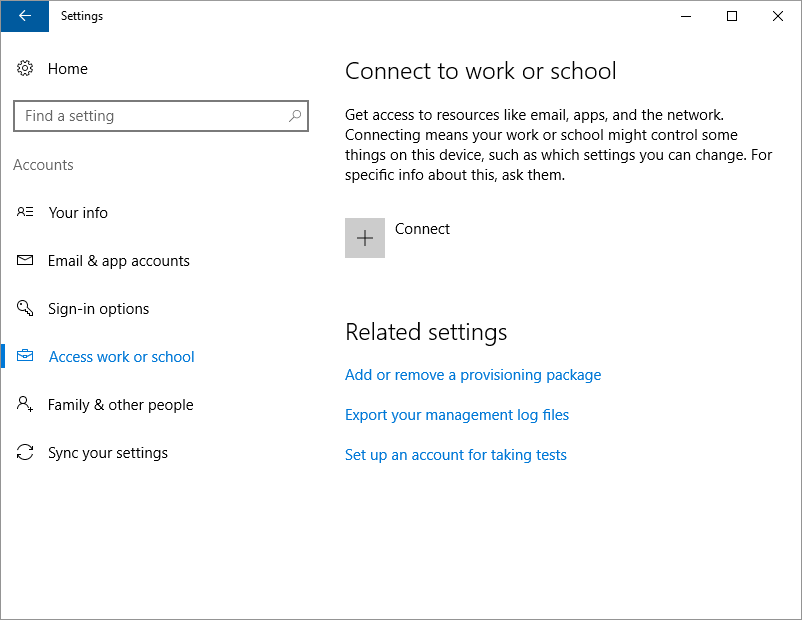 A screenshot of the 'Connect to work or school' settings page.
