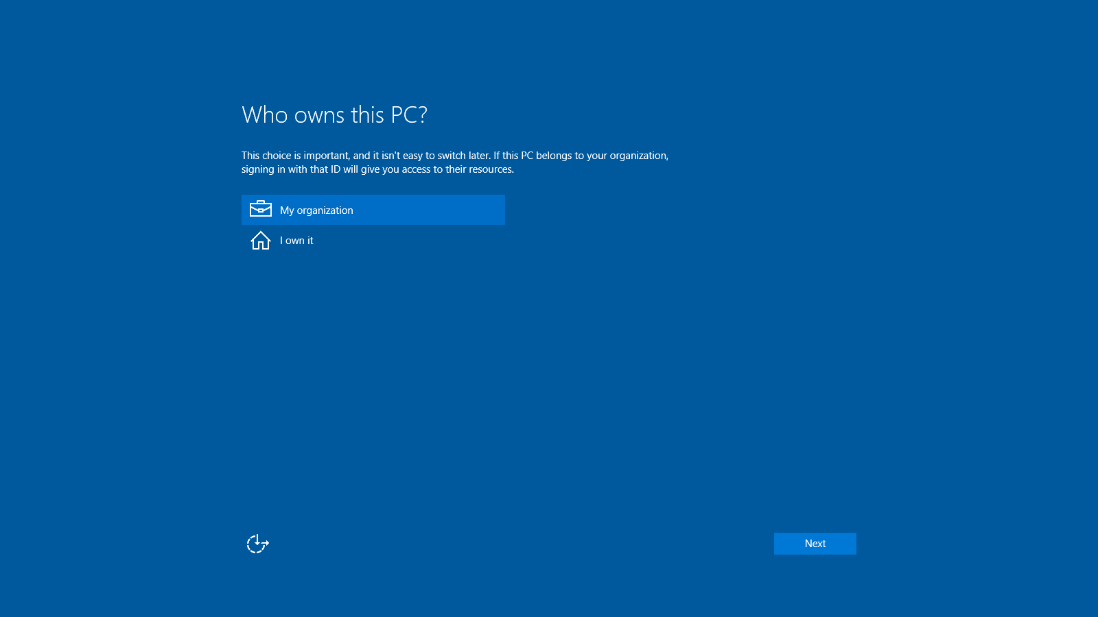 A screenshot of the 'Who owns this PC?' page in Windows 10 setup.