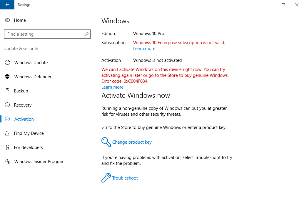A screenshot of Windows 10 Enterprise activation in Settings that's not activated and the subscription isn't active.