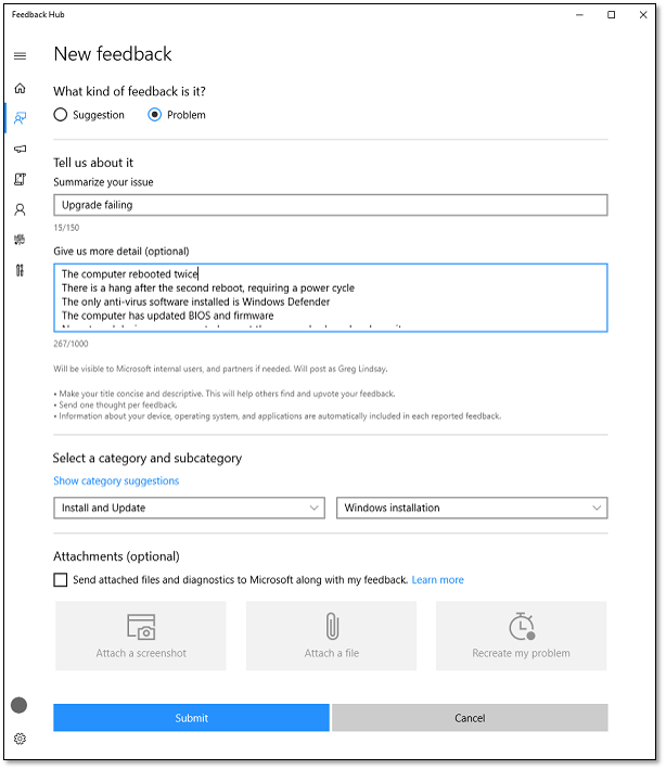 Submit Windows 10 upgrade errors using Feedback Hub - Windows Deployment |  Microsoft Learn