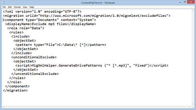 A sample USMT migration file that will exclude .MP3 files on all local drives and include the folder C:\Data and all its files, including its subdirectories and their files..