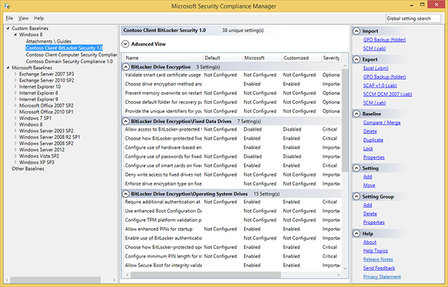 The SCM console showing a baseline configuration for a fictional client's computer security compliance.