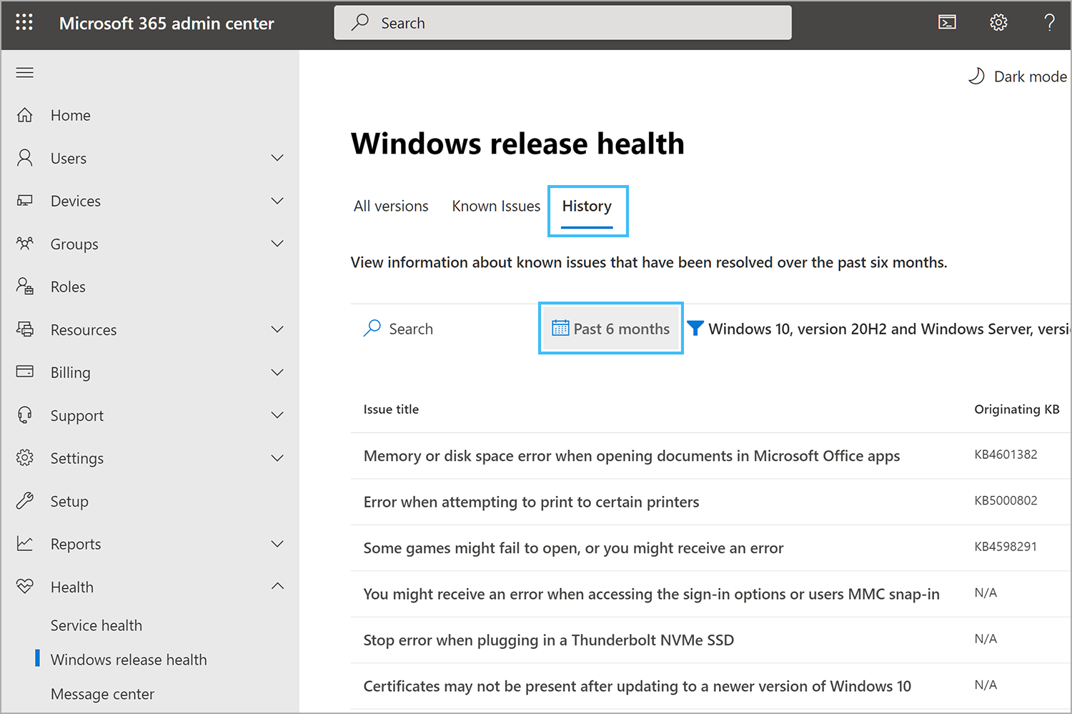 Screenshot of history issues in release health.