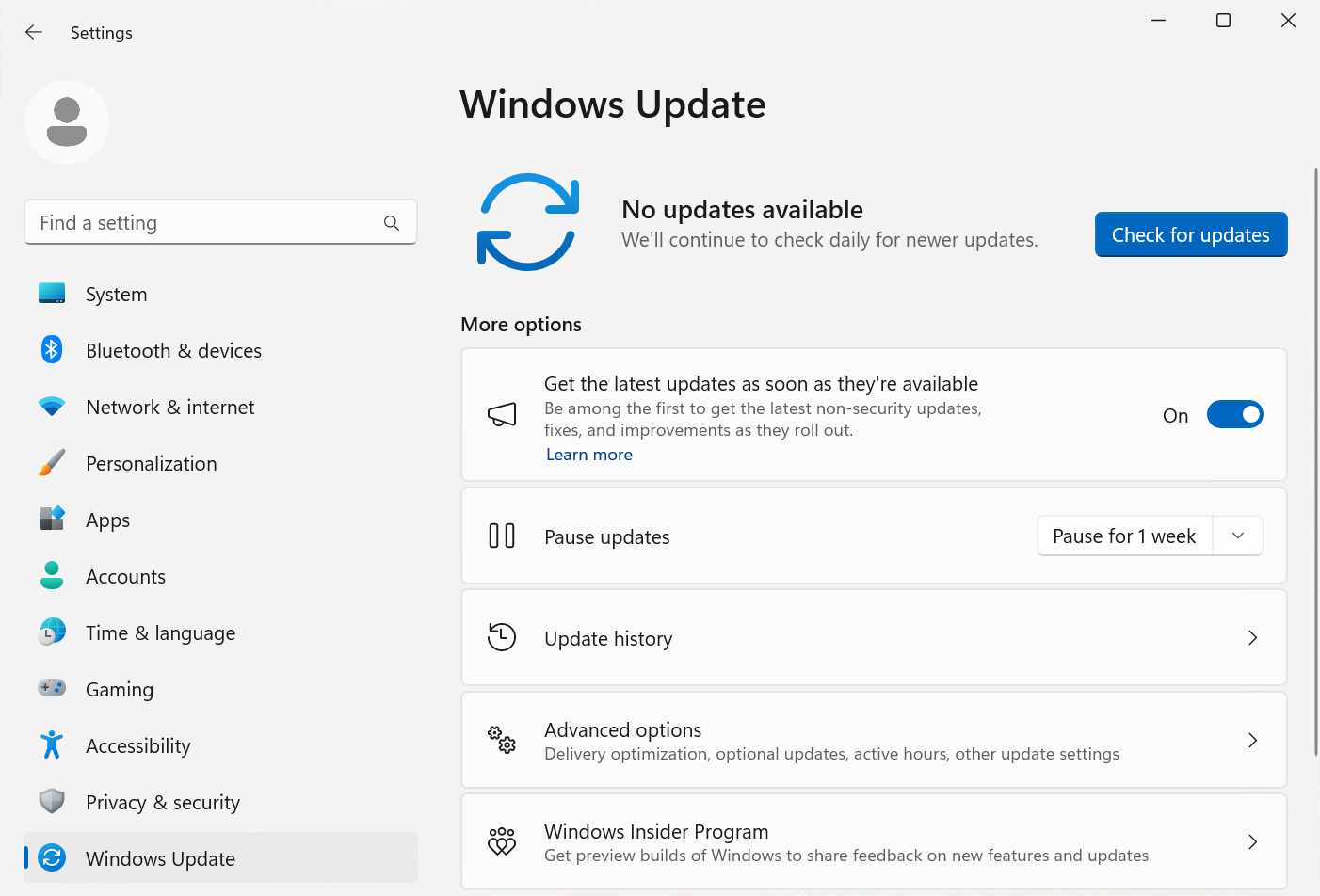 Screenshot of the Get the latest updates as soon as they're available option in the Windows updates page of Settings.