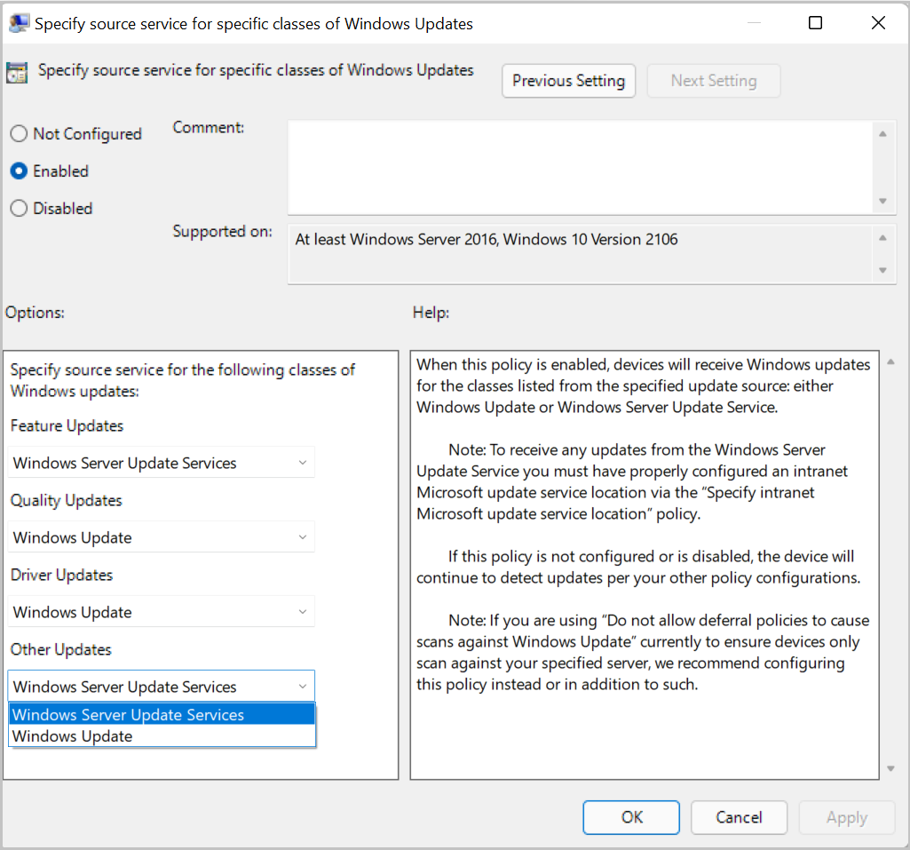 Screenshot of the Group Policy for specifiying sources for update types