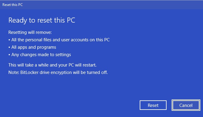 Reset this PC final prompt.