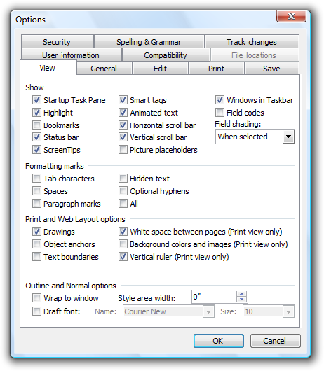 screen shot of options window with tab name dimmed