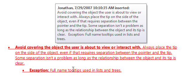 screen shot of infotip placed above revised text