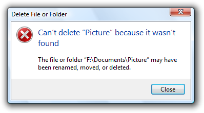 Screen shot of message: Can't delete file