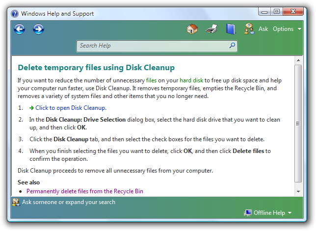 screen shot of 'delete temporary files' help page