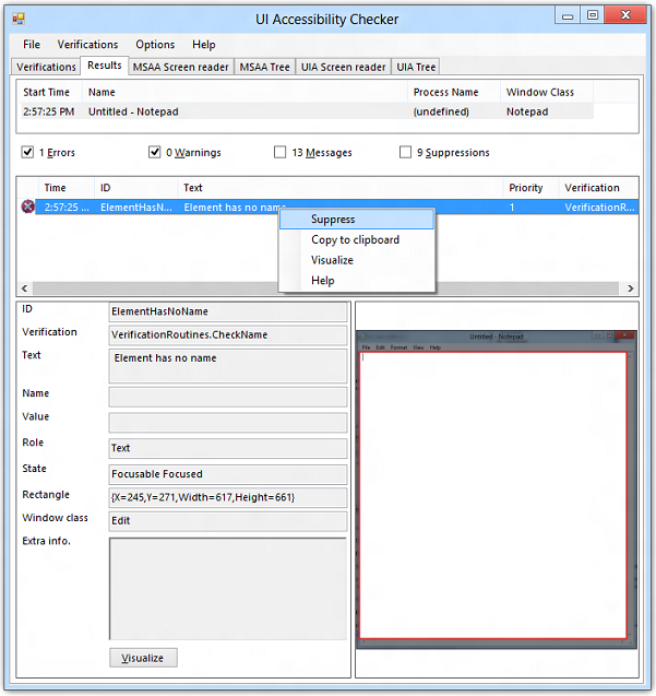 accchecker results tab with the suppress context item highlighted