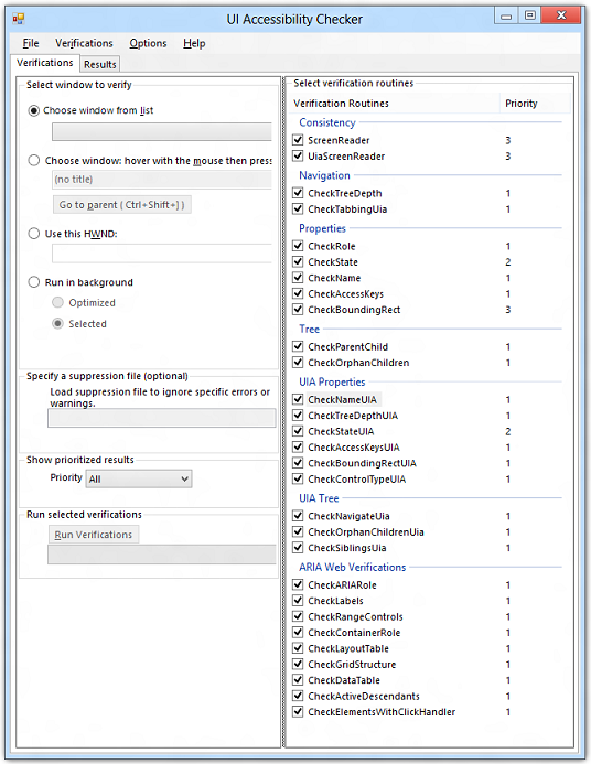 Screenshot that shows the 'Verifications' tab in the U I Accessibility Checker.