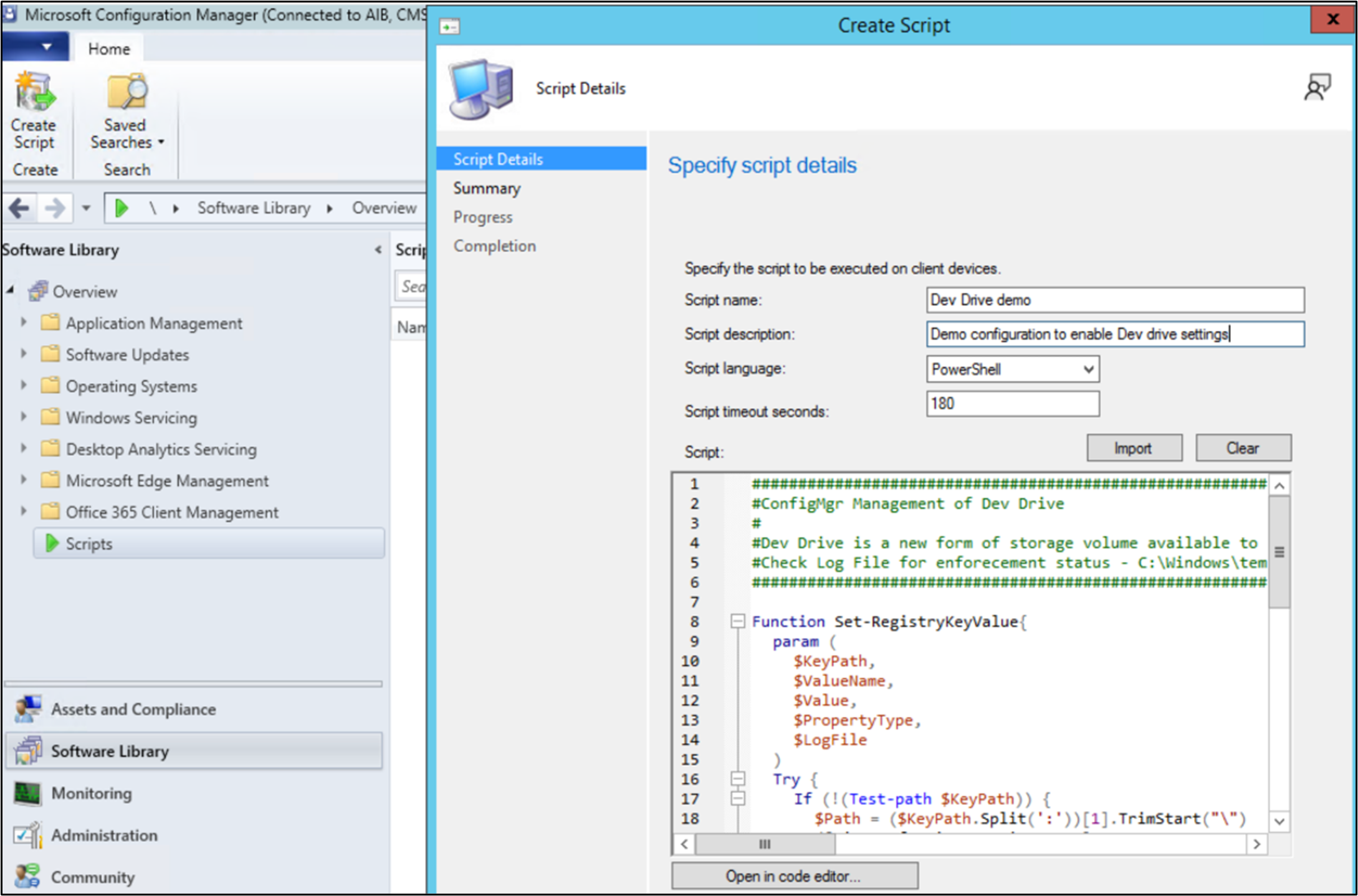 Screenshot of Microsoft Configuration Manager Create Script window showing details including script name, description, language, timeout seconds and the actual script