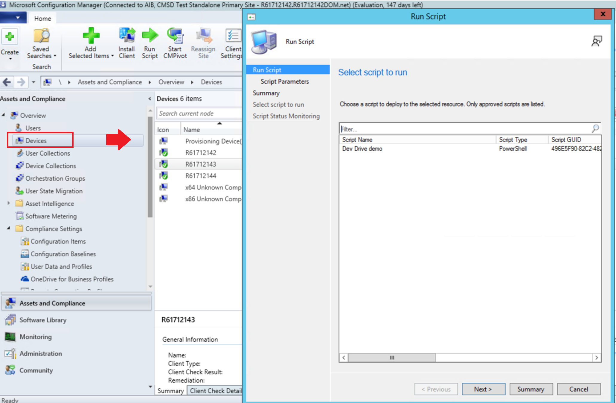 Screenshot of Microsoft Configuration Manager Run Script window showing the Dev Drive demo script