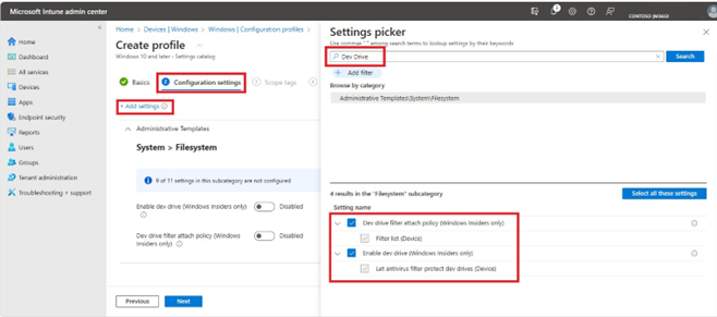 Screenshot of Microsoft Intune admin center Setting picker with Dev Drive results