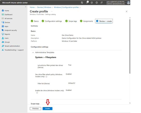 Screenshot of Microsoft Intune admin center final profile configuration step to Review and Create