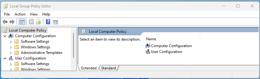 Screenshot of Local Group Policy Editor window with a list of directory items