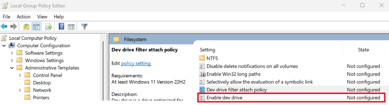 Screenshot of selecting Enable Dev Drive in Local Group Policy Editor