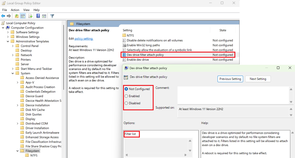 Screenshot of selecting Dev Drive filter attach policy and filter list in Local Group Policy Editor