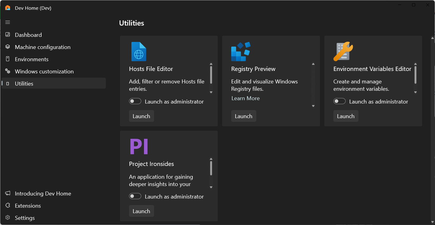 Screenshot of Windows Dev Home Utilities menu showing Project Ironsides.
