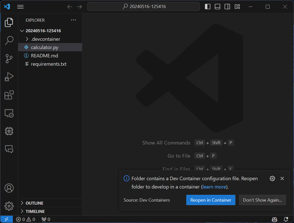 VS Code screenshot of reopen in container