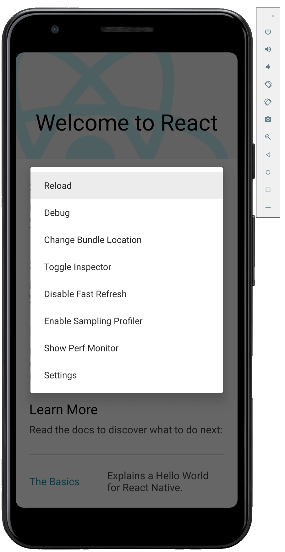 Screenshot of the React Native debug menu