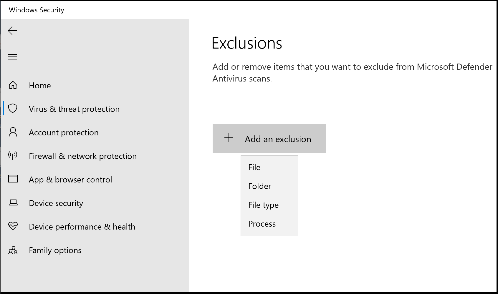 Windows Defender Add Exclusion screenshot