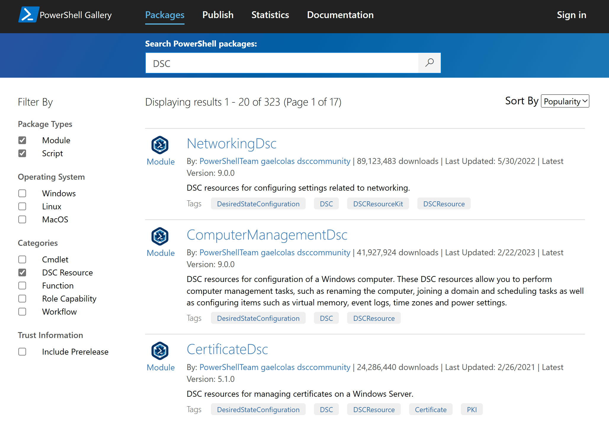 Desired State Configuration PowerShell module search results from the PowerShell Gallery