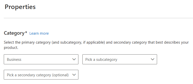A screenshot of the Properties section where you can provide category and sub-category for your app.