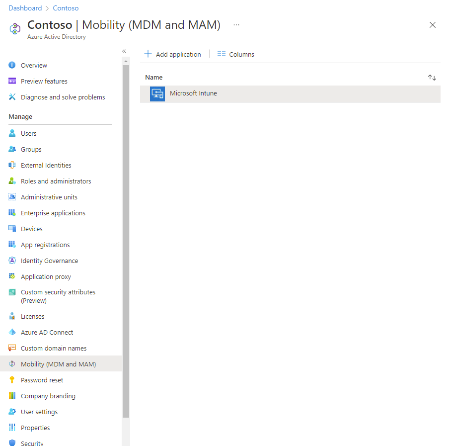 Selecting Mobility (MDM and MAM) and Microsoft Intune in the Azure Active Directory portal.