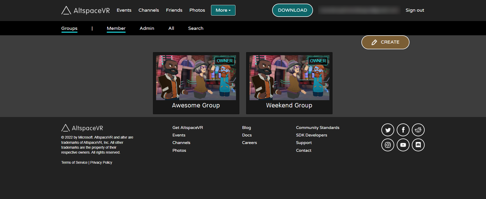 AltspaceVR web view groups page