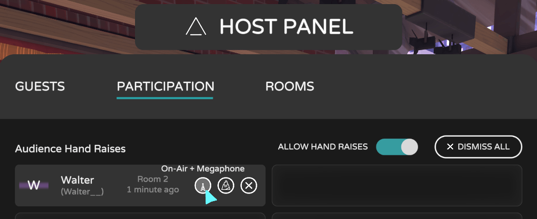 Participation panel open with guest with hand raised in queue highlighted